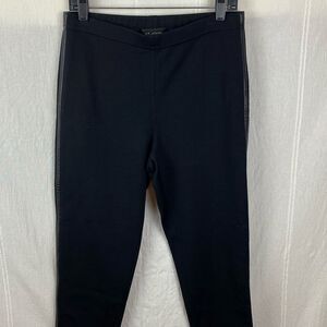 St. John Knit Black Slim Fit Pull On Pants Leggings Leather Trim Split Hem